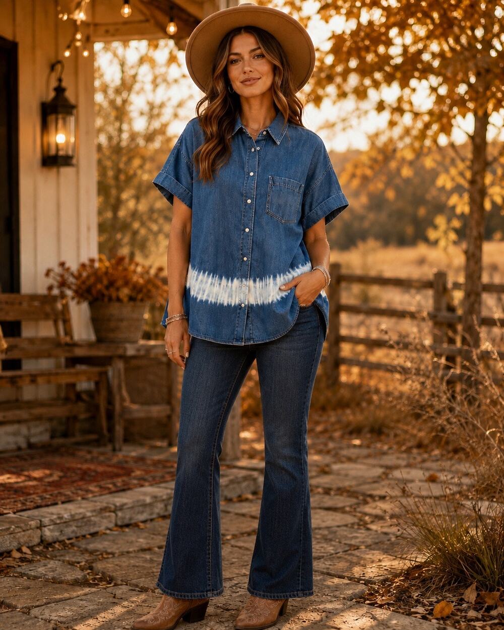 Coastal Boho Western Chic Denim Shirt Madewell Tie-Dye Pearl Snap Front Top NWT